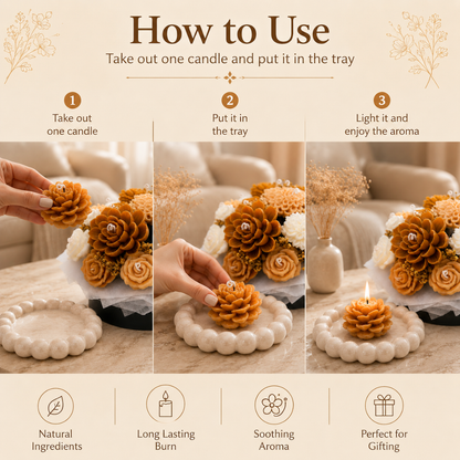 Beige & White Flower Bouquet Aroma Candle Set with Tray