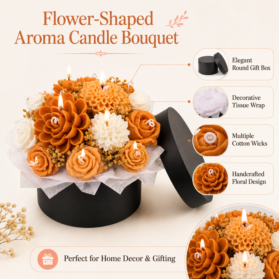 Beige & White Flower Bouquet Aroma Candle Set with Tray