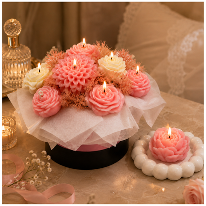 Pink & White Flower Bouquet Aroma Candle Set with Tray