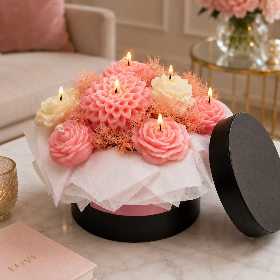 Pink & White Flower Bouquet Aroma Candle Set with Tray