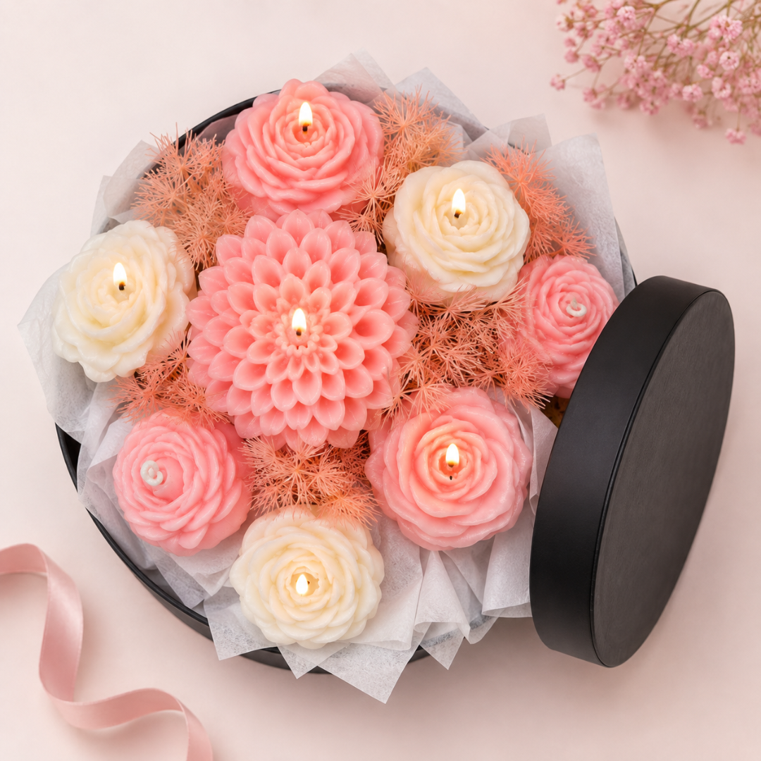 Pink & White Flower Bouquet Aroma Candle Set with Tray