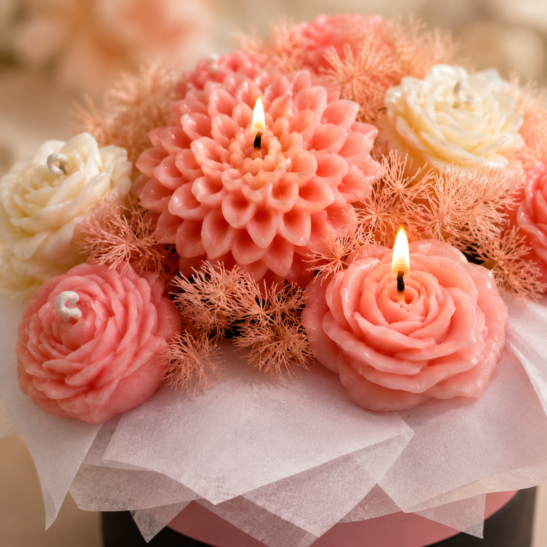 Pink & White Flower Bouquet Aroma Candle Set with Tray