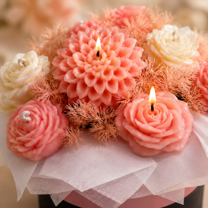 Pink & White Flower Bouquet Aroma Candle Set with Tray