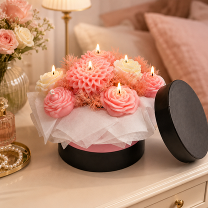 Pink & White Flower Bouquet Aroma Candle Set with Tray