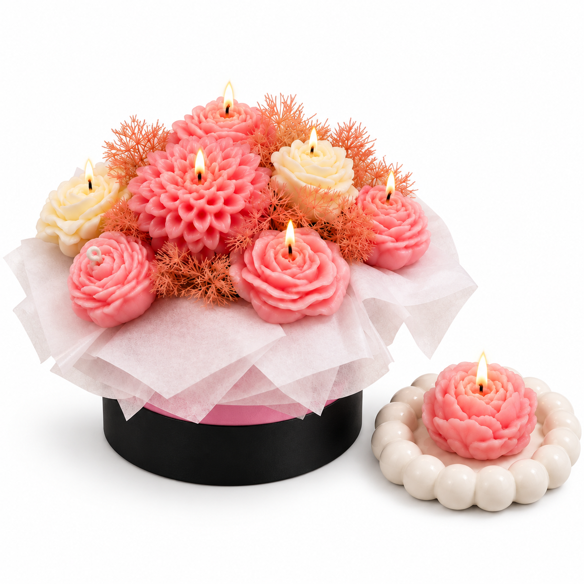 Pink & White Flower Bouquet Aroma Candle Set with Tray