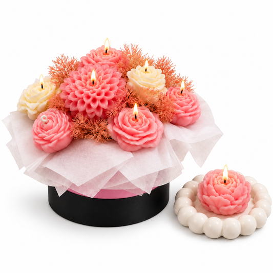 Pink & White Flower Bouquet Aroma Candle Set with Tray