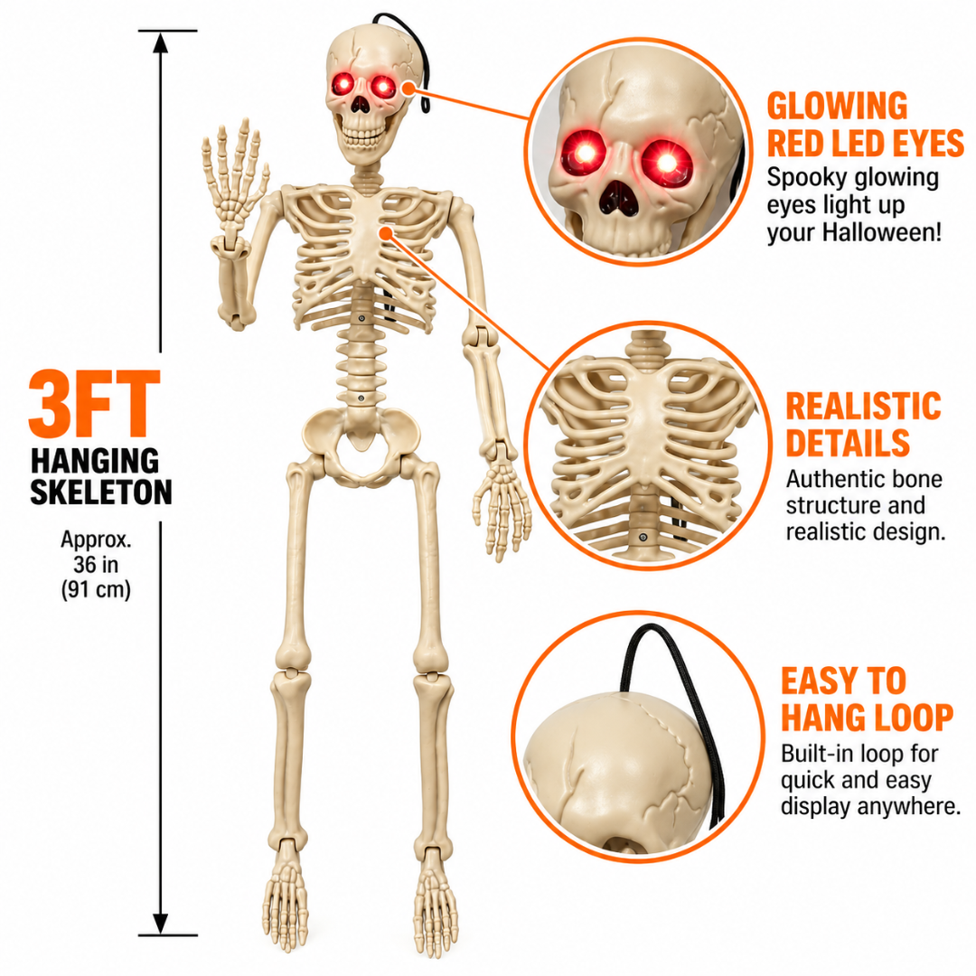 Glowing Eyes Hanging Skeleton Halloween Decoration - 3FT