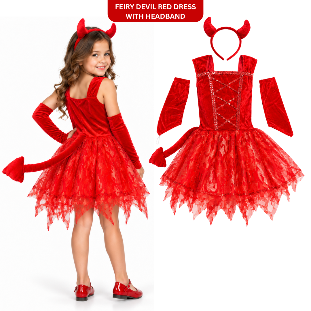 Fiery Devil Red Dress with Headband and Tail - Size M - Age 4 to 6