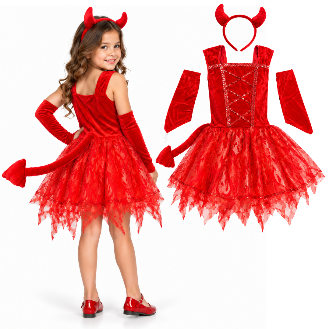 Fiery Devil Red Dress with Headband and Tail - Size M - Age 4 to 6