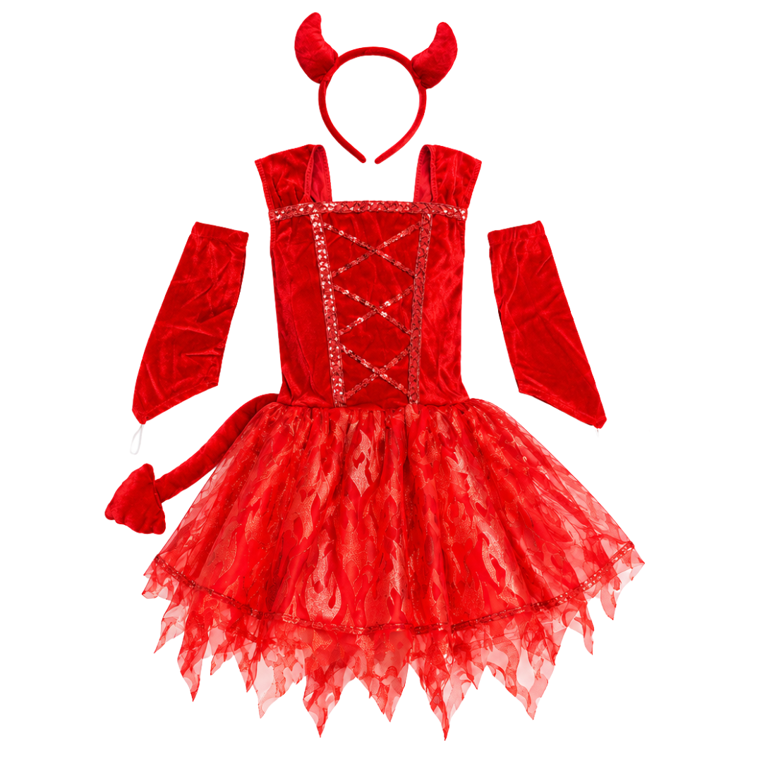 Fiery Devil Red Dress with Headband and Tail - Size M - Age 4 to 6