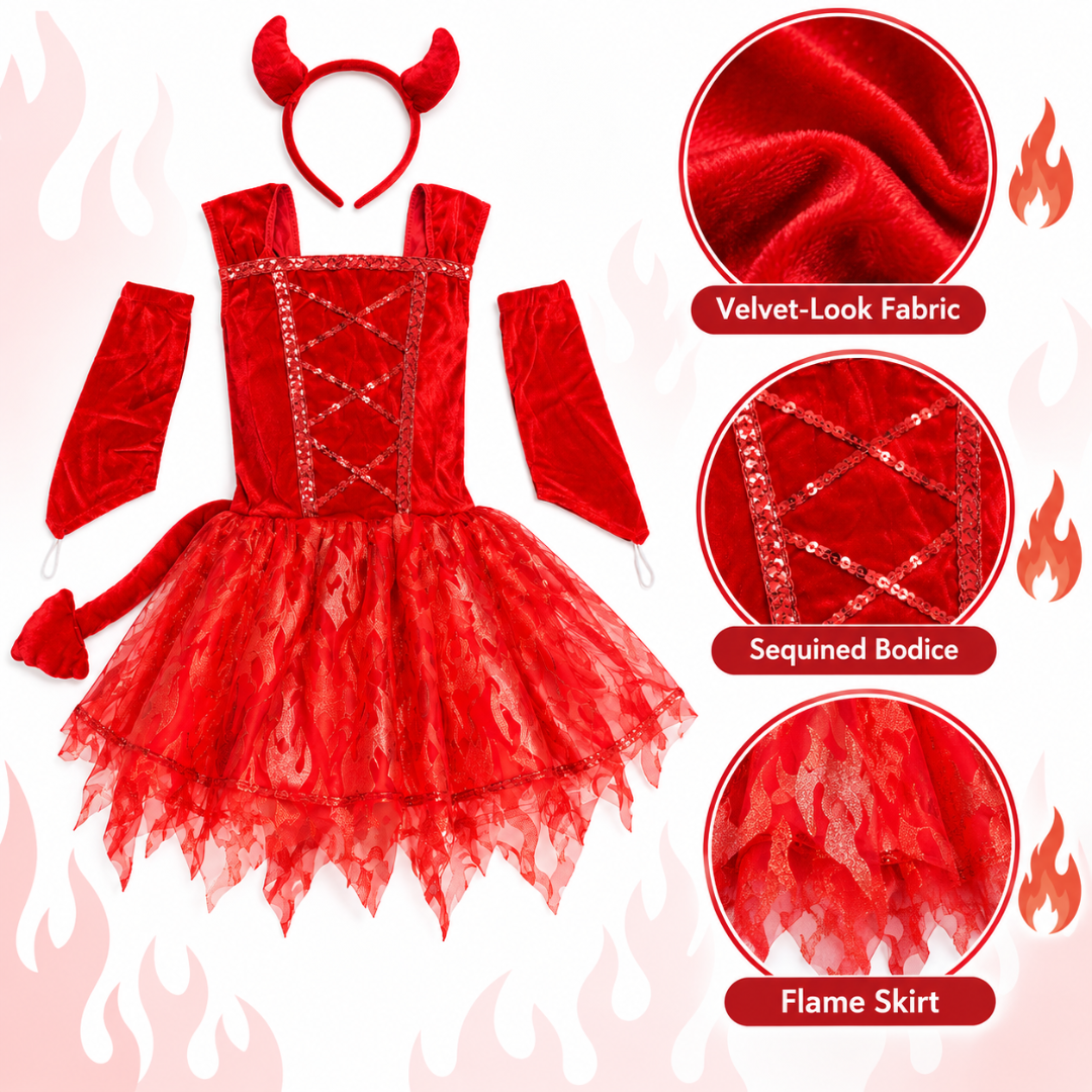 Fiery Devil Red Dress with Headband and Tail - Size M - Age 4 to 6