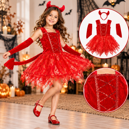 Fiery Devil Red Dress with Headband and Tail - Size M - Age 4 to 6