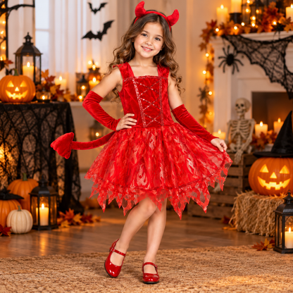 Fiery Devil Red Dress with Headband and Tail - Size M - Age 4 to 6