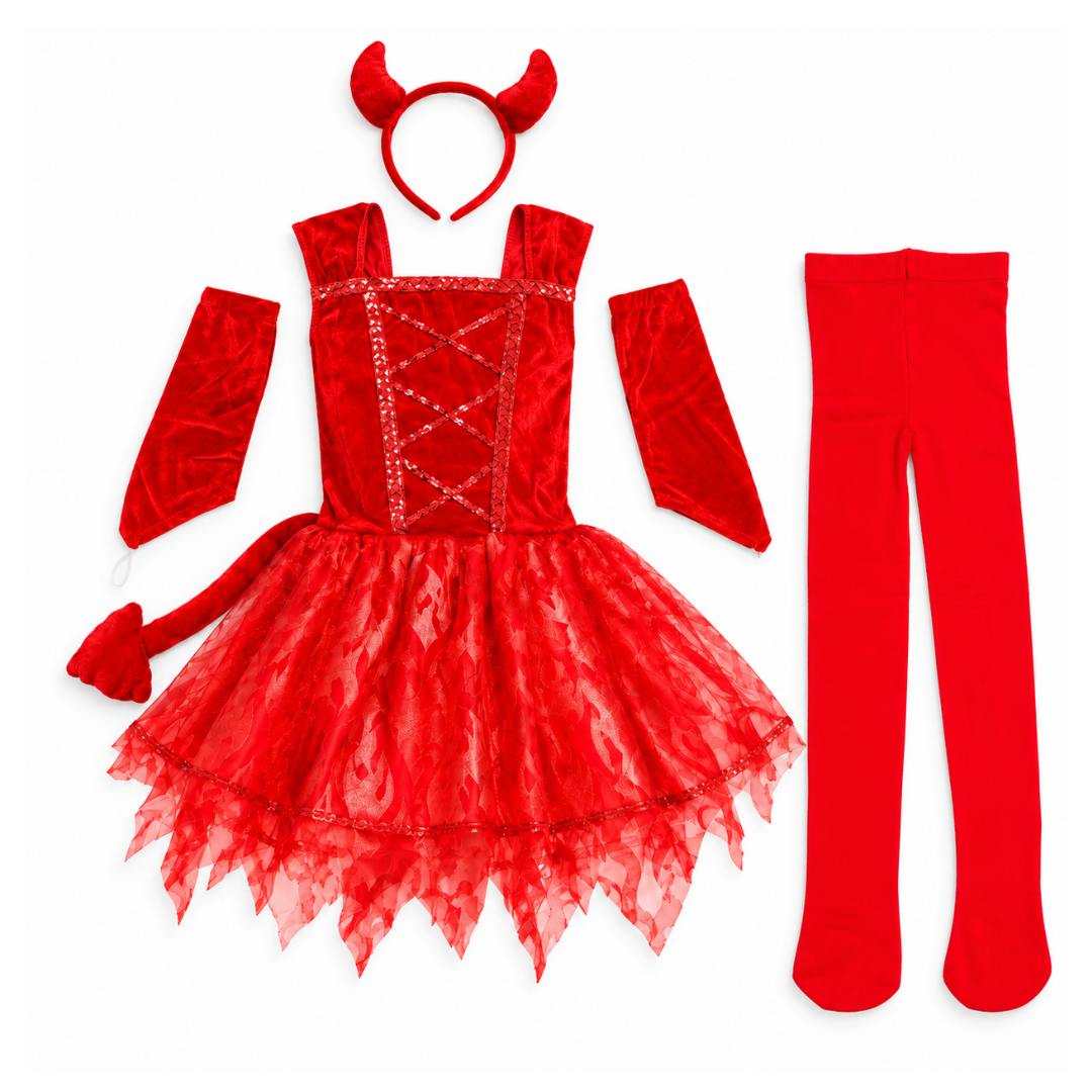 Fiery Devil Red Dress Costume Set with Horn Headband, Attached Tail, Arm Warmers & Footed Tights | Halloween Fancy Dress Costume - Size M - Age 4 to 6