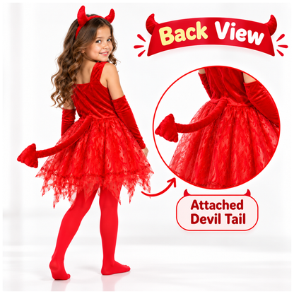 Fiery Devil Red Dress Costume Set with Horn Headband, Attached Tail, Arm Warmers & Footed Tights | Halloween Fancy Dress Costume - Size M - Age 4 to 6
