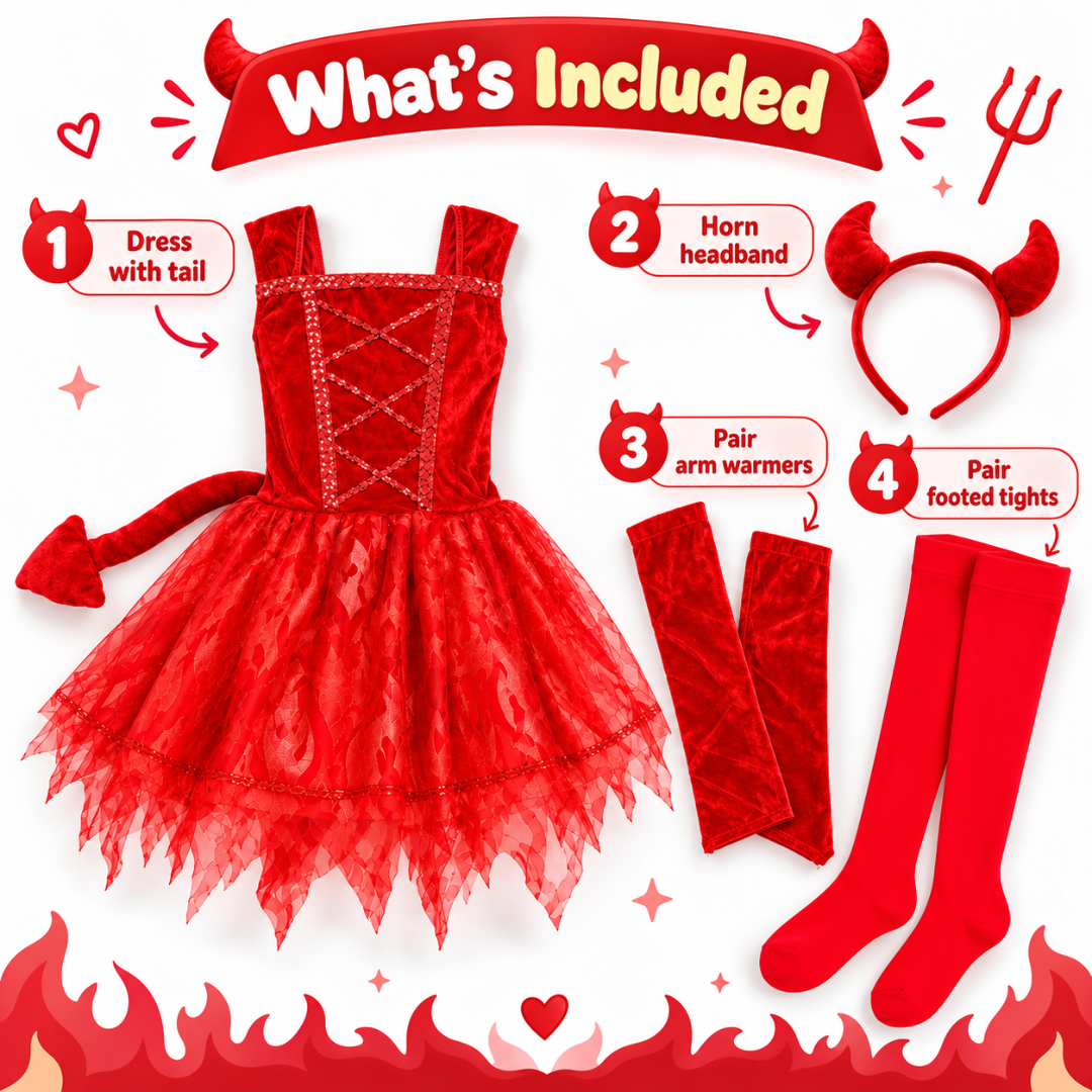 Fiery Devil Red Dress Costume Set with Horn Headband, Attached Tail, Arm Warmers & Footed Tights | Halloween Fancy Dress Costume - Size M - Age 4 to 6