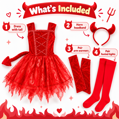 Fiery Devil Red Dress Costume Set with Horn Headband, Attached Tail, Arm Warmers & Footed Tights | Halloween Fancy Dress Costume - Size M - Age 4 to 6