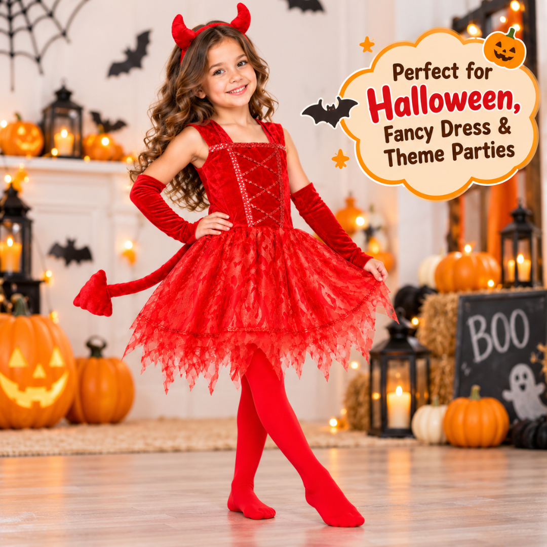 Fiery Devil Red Dress Costume Set with Horn Headband, Attached Tail, Arm Warmers & Footed Tights | Halloween Fancy Dress Costume - Size M - Age 4 to 6