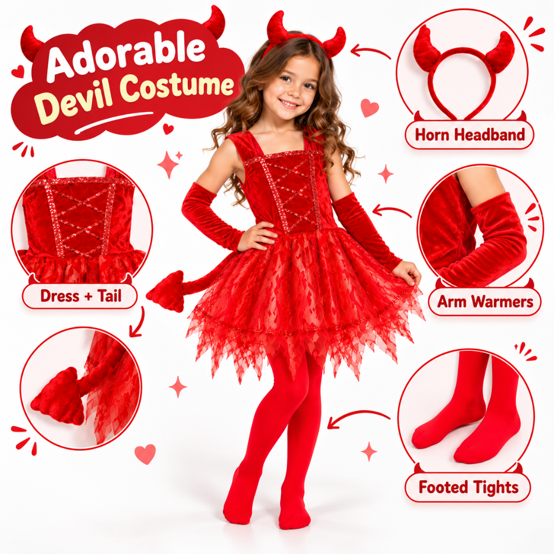 Fiery Devil Red Dress Costume for Girls with Horn Headband, Attached Tail, Arm Warmers & Footed Tights | Kids Halloween Fancy Dress Outfit - Size L - Age 7 to 9