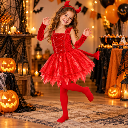 Fiery Devil Red Dress Costume for Girls with Horn Headband, Attached Tail, Arm Warmers & Footed Tights | Kids Halloween Fancy Dress Outfit - Size L - Age 7 to 9