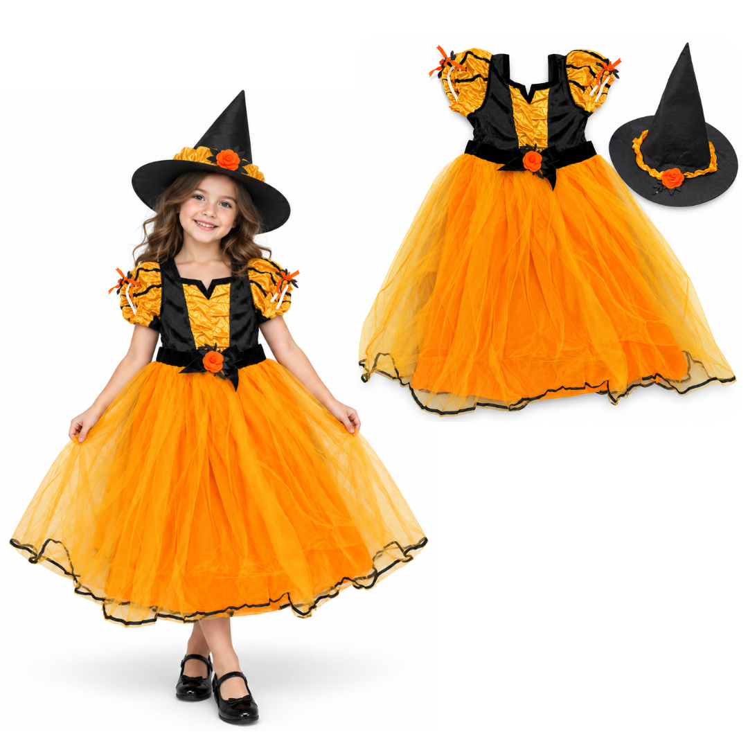 Witch Costume Orange with Hat - Size M - Age 5 to 7