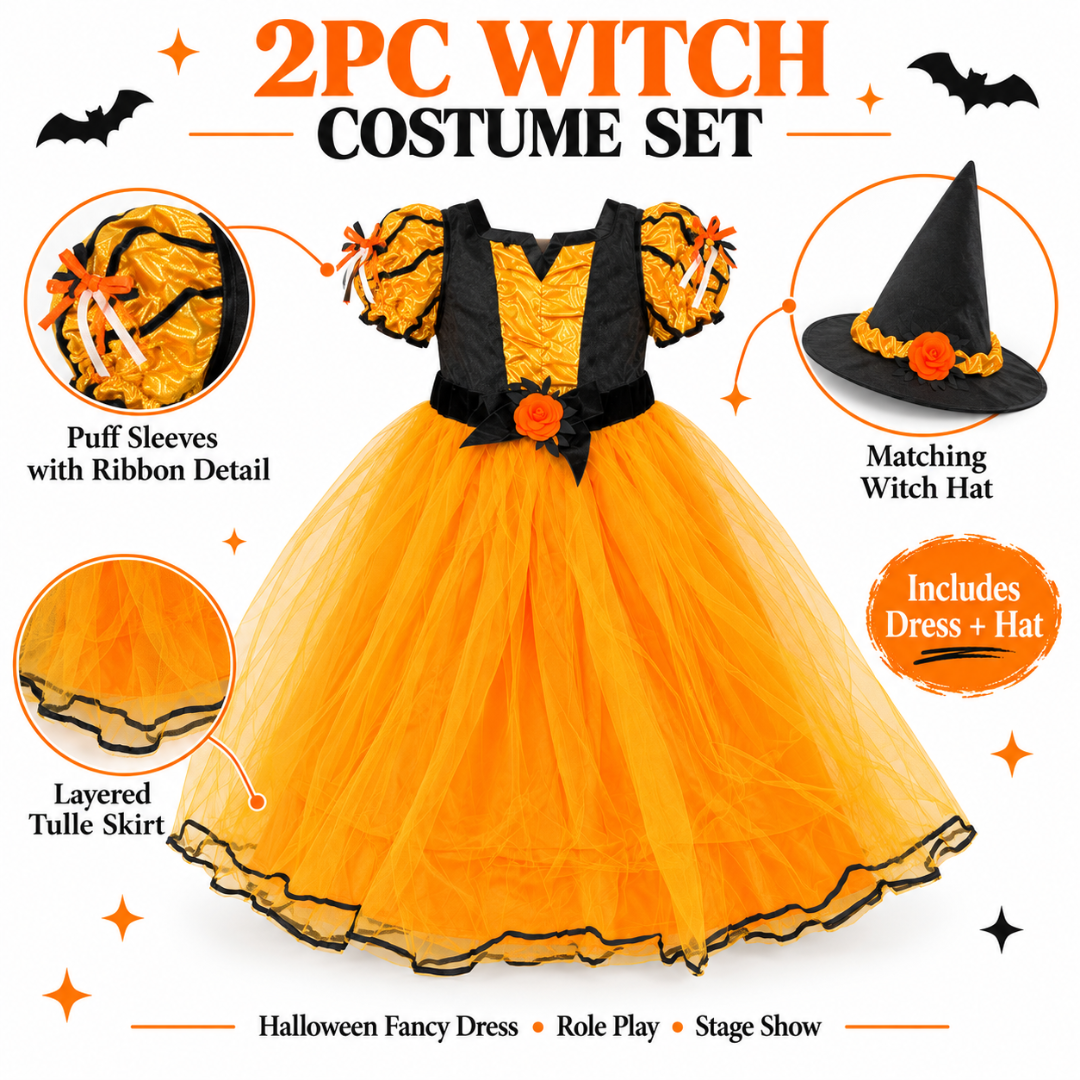 Witch Costume Orange with Hat - Size M - Age 5 to 7