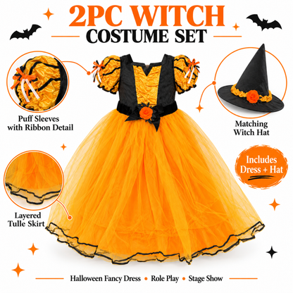 Witch Costume Orange with Hat - Size M - Age 5 to 7
