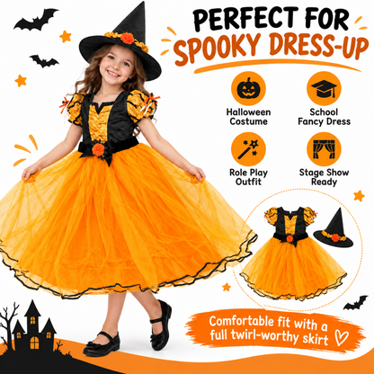 Witch Costume Orange with Hat - Size M - Age 5 to 7