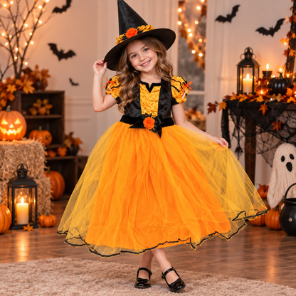 Witch Costume Orange with Hat - Size M - Age 5 to 7
