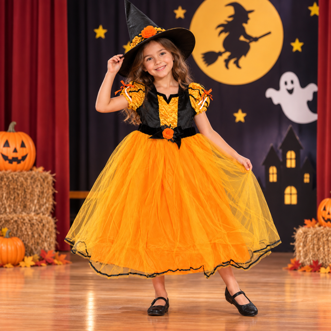 Witch Costume Orange with Hat - Size M - Age 5 to 7