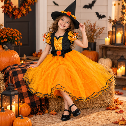 Witch Costume Orange with Hat - Size M - Age 5 to 7