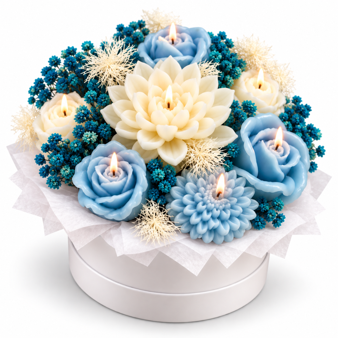 Blue & White Flower Luxury Aroma Candle Bouquet in Gift Box | Decorative Floral Scented Candle Arrangement for Gifting & Celebrations
