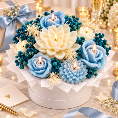 Blue & White Flower Luxury Aroma Candle Bouquet in Gift Box | Decorative Floral Scented Candle Arrangement for Gifting & Celebrations