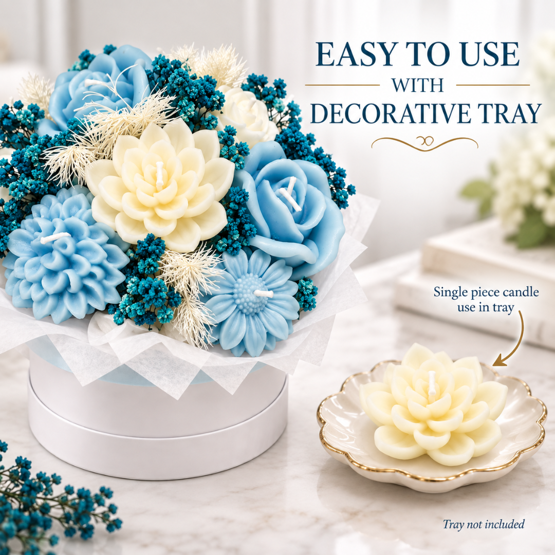 Blue & White Flower Luxury Aroma Candle Bouquet in Gift Box | Decorative Floral Scented Candle Arrangement for Gifting & Celebrations