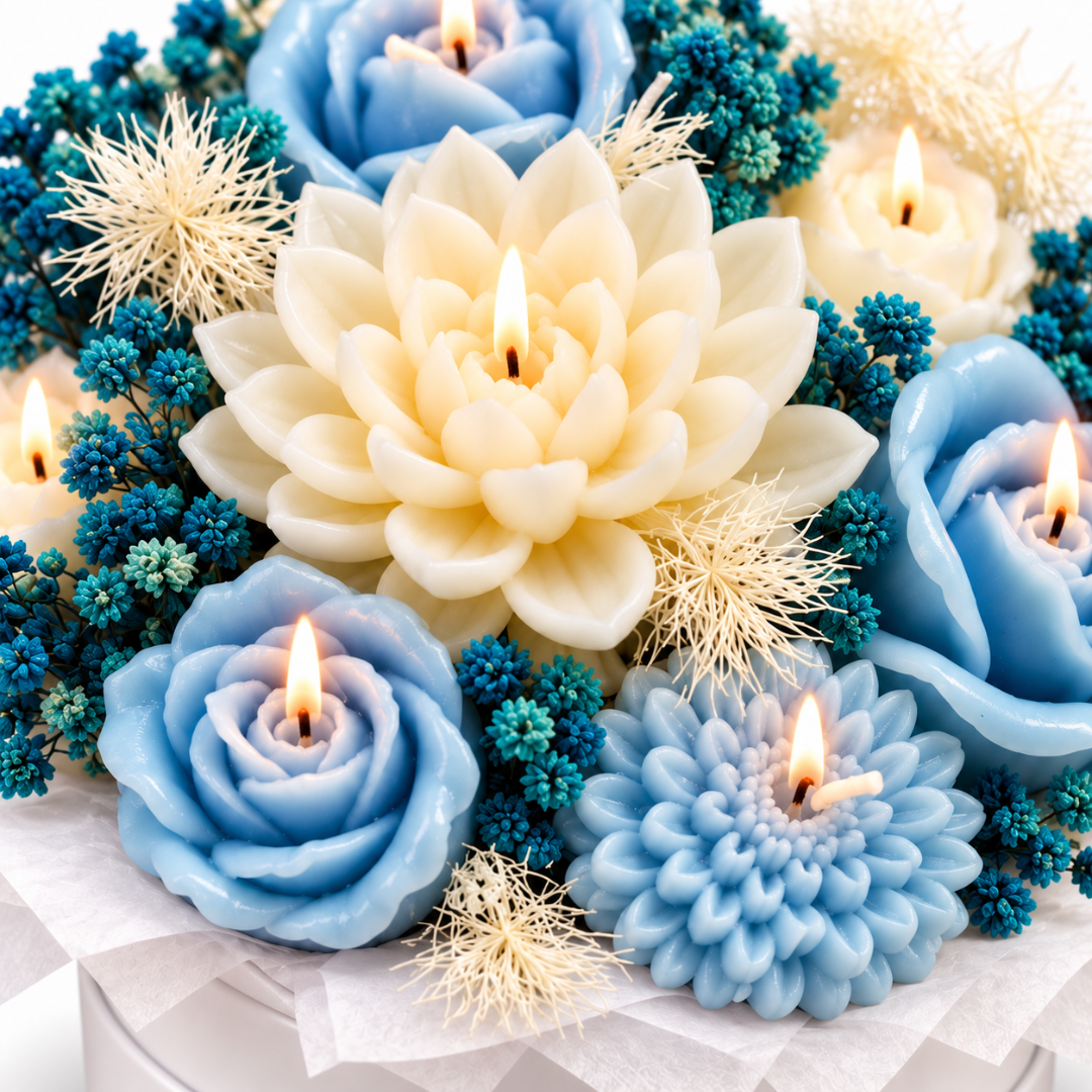 Blue & White Flower Luxury Aroma Candle Bouquet in Gift Box | Decorative Floral Scented Candle Arrangement for Gifting & Celebrations