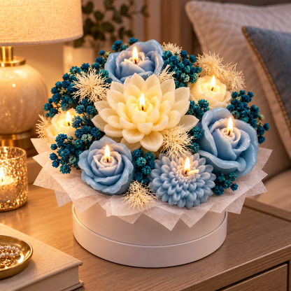 Blue & White Flower Luxury Aroma Candle Bouquet in Gift Box | Decorative Floral Scented Candle Arrangement for Gifting & Celebrations