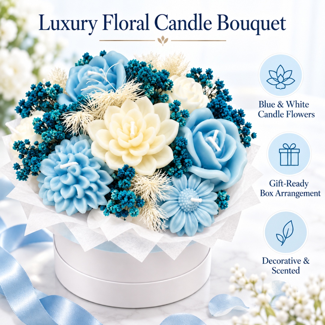 Blue & White Flower Luxury Aroma Candle Bouquet in Gift Box | Decorative Floral Scented Candle Arrangement for Gifting & Celebrations