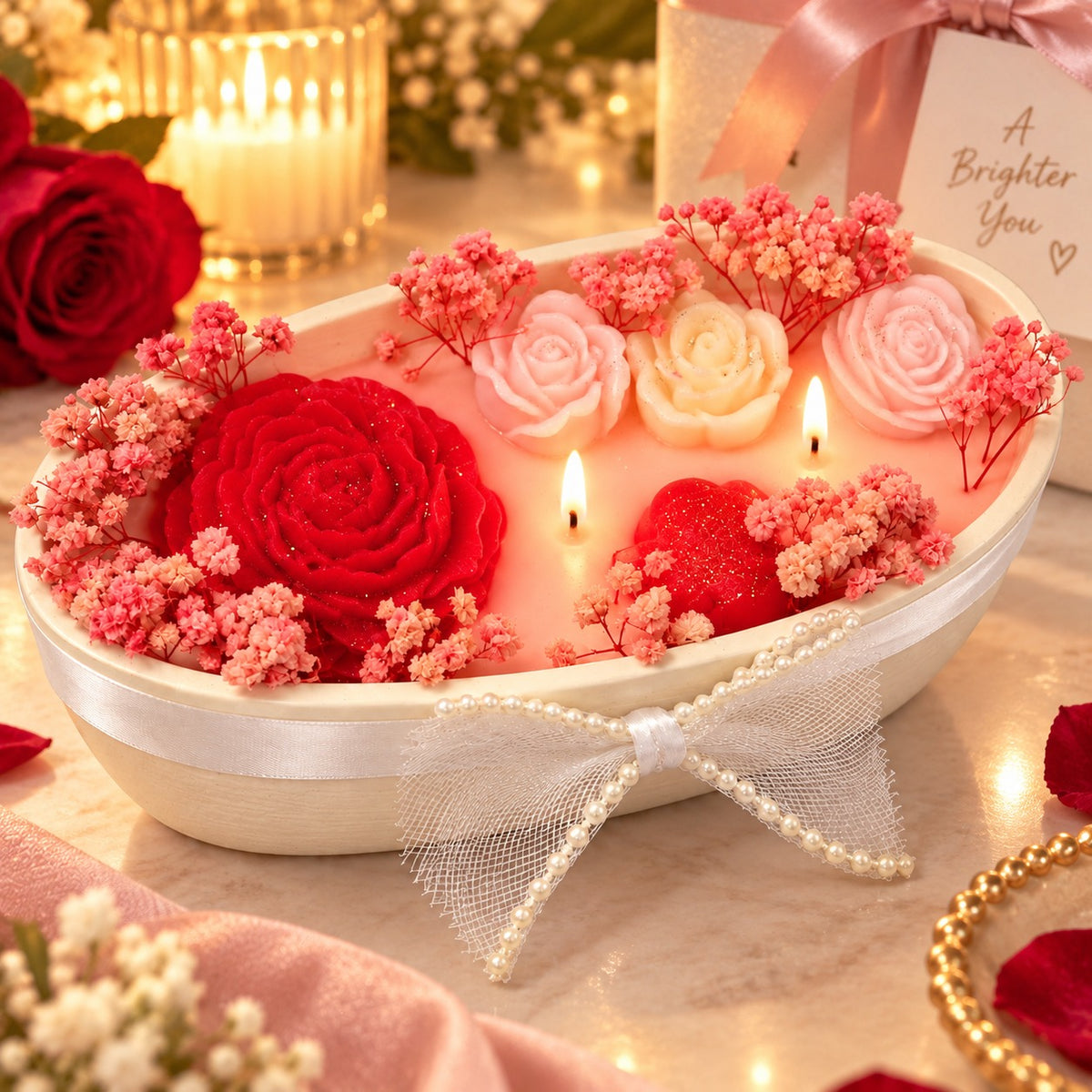 Luxury Peony Boat Aroma Candle on Ceramic Platter | Decorative Floral Scented Candle with Peony & Rose Design