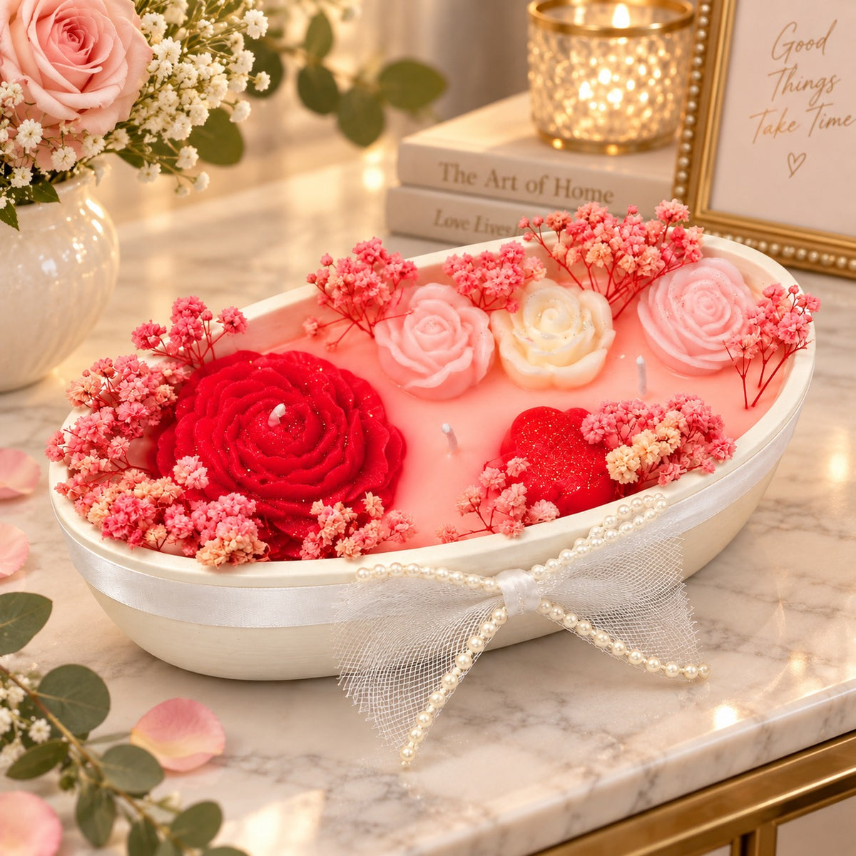 Luxury Peony Boat Aroma Candle on Ceramic Platter | Decorative Floral Scented Candle with Peony & Rose Design