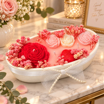Luxury Peony Boat Aroma Candle on Ceramic Platter | Decorative Floral Scented Candle with Peony & Rose Design