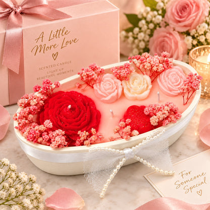 Luxury Peony Boat Aroma Candle on Ceramic Platter | Decorative Floral Scented Candle with Peony & Rose Design
