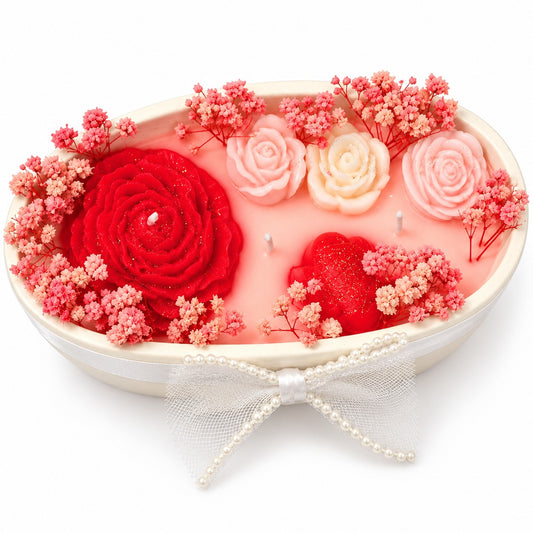 Luxury Peony Boat Aroma Candle on Ceramic Platter | Decorative Floral Scented Candle with Peony & Rose Design