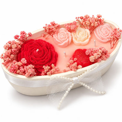 Luxury Peony Boat Aroma Candle on Ceramic Platter | Decorative Floral Scented Candle with Peony & Rose Design