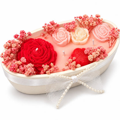 Luxury Peony Boat Aroma Candle on Ceramic Platter | Decorative Floral Scented Candle with Peony & Rose Design