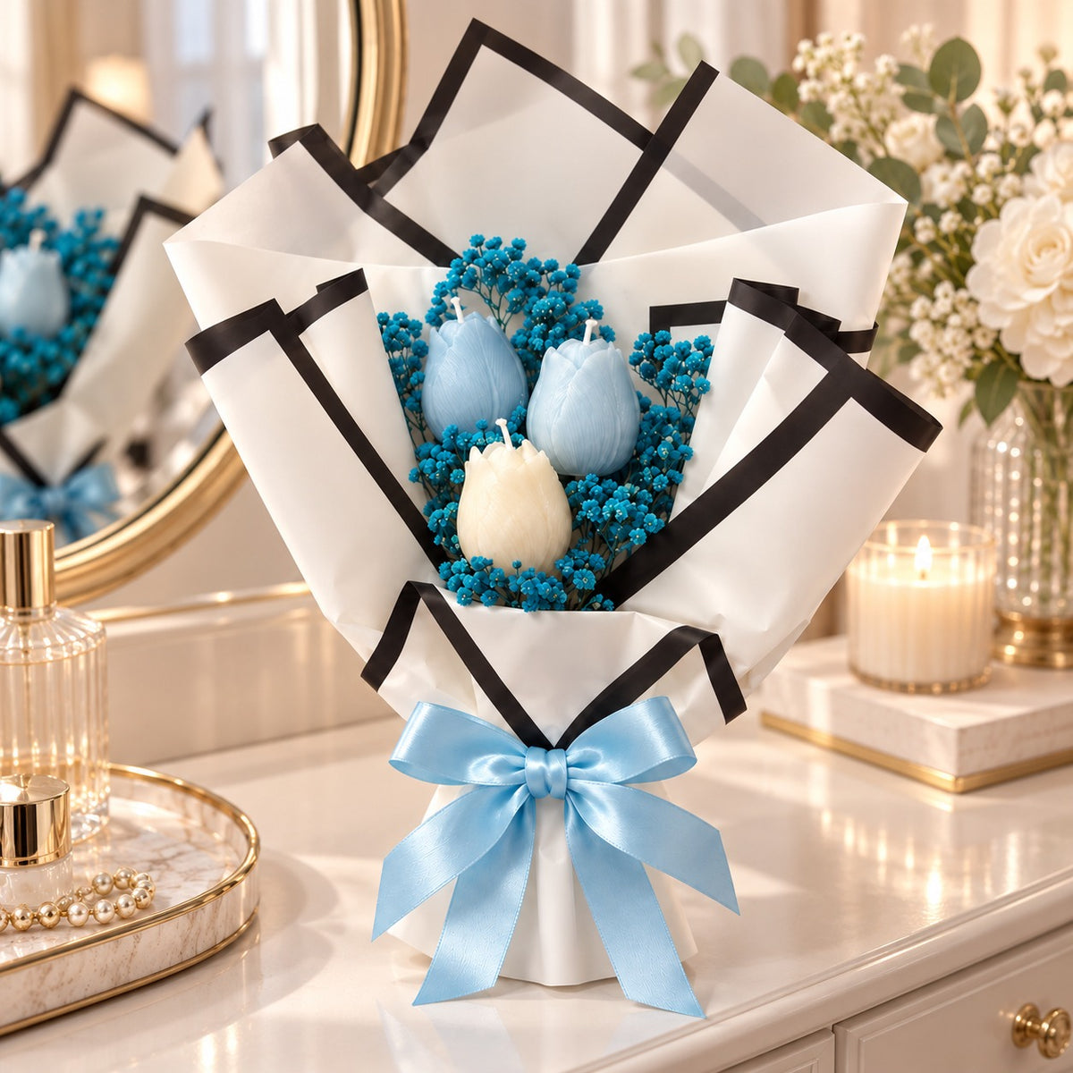 Blue Handheld Tulip Aroma Candle Bouquet - 3PC | Floral Scented Candle Bunch for Birthday, Anniversary, Wedding & Gifting