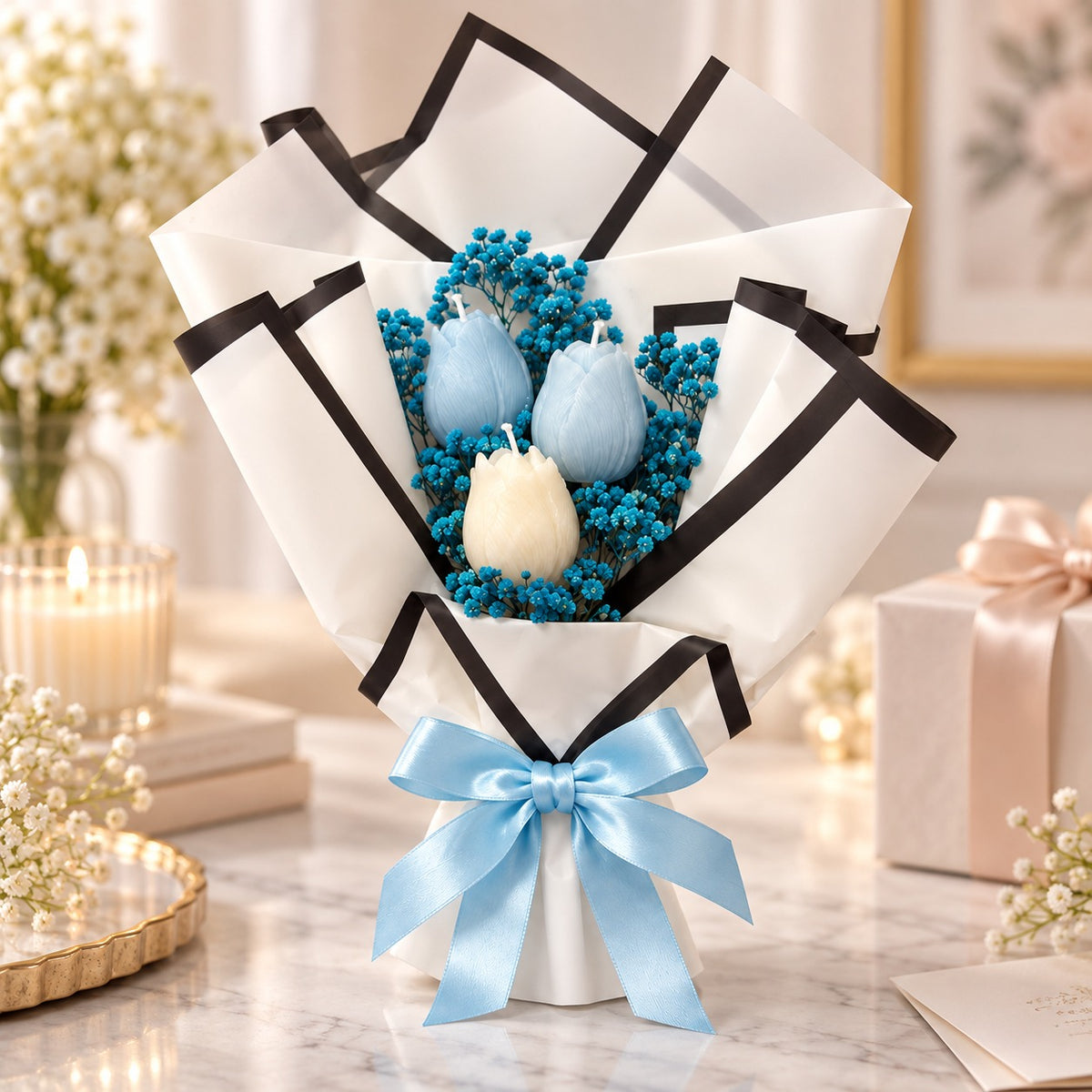Blue Handheld Tulip Aroma Candle Bouquet - 3PC | Floral Scented Candle Bunch for Birthday, Anniversary, Wedding & Gifting