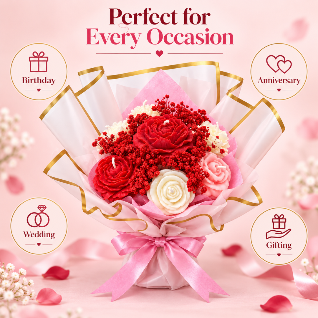 Red Pink & White Flower Luxury Aroma Candle Bouquet | Floral Scented Rose Candle Bunch for Birthday, Anniversary, Wedding & Gifting