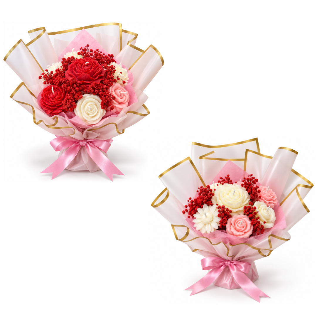 Red Pink & White Flower Luxury Aroma Candle Bouquet | Floral Scented Rose Candle Bunch for Birthday, Anniversary, Wedding & Gifting