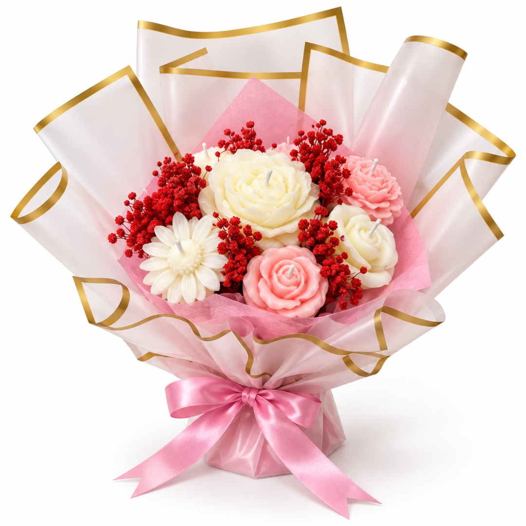 Red Pink & White Flower Luxury Aroma Candle Bouquet | Floral Scented Rose Candle Bunch for Birthday, Anniversary, Wedding & Gifting