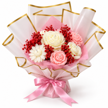 Red Pink & White Flower Luxury Aroma Candle Bouquet | Floral Scented Rose Candle Bunch for Birthday, Anniversary, Wedding & Gifting